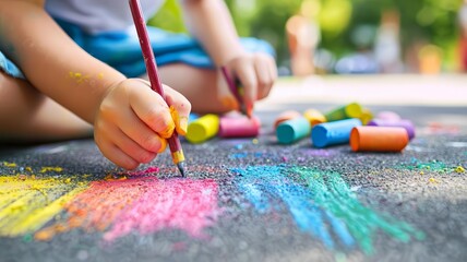 Child drawing colorful chalk art on pavement in sunny outdoor setting.