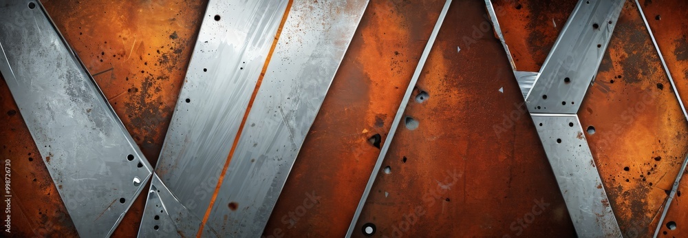 Poster a close-up view textured metal surface with a geometric pattern of intersecting lines and angles The surface has a reddish-orange hue and appears to be made of steel