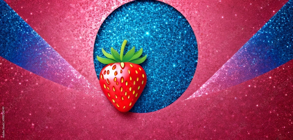Poster a vibrant strawberry with a green stem and leaves is set against a glittery blue background, with tw