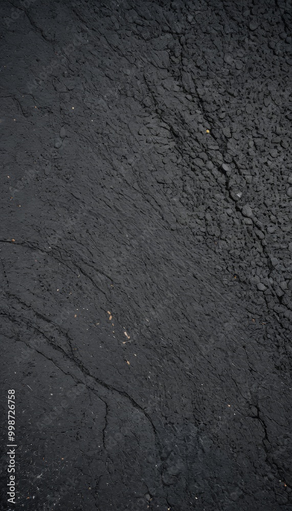 Poster a close-up view dark asphalt road surface, with visible cracks and small specks of dirt or debris sc