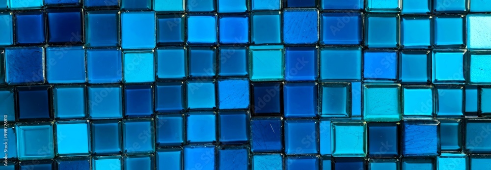 Poster A close-up view mosaic of blue and black glass tiles arranged in a grid-like pattern, creating a visually striking and textured effect