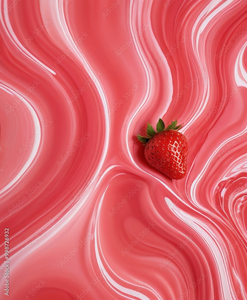 Poster A single red strawberry sits amidst a swirling pink and white pattern, creating a visually striking and abstract composition