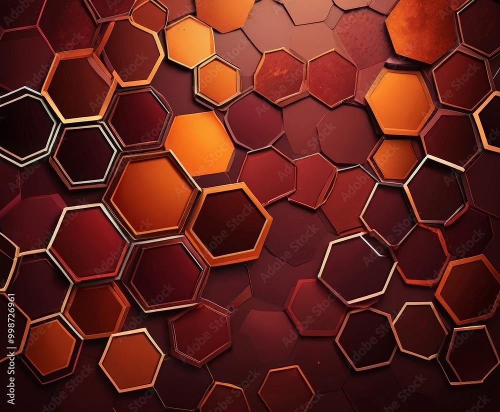 Poster a repeating pattern of hexagonal shapes in various shades of brown and orange, arranged in a grid-like fashion against a dark red background