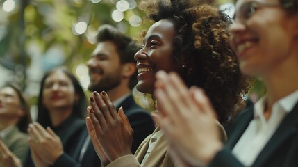 A diverse group of happy individuals clapping together, showcasing positive engagement and celebration in a lively atmosphere.