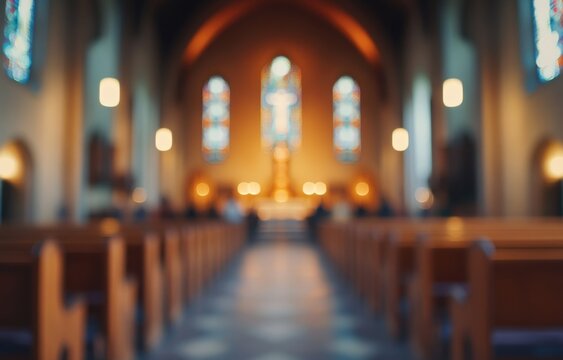 Blurred empty church background with soft focus on stained glass windows and altar, people in the foreground. 