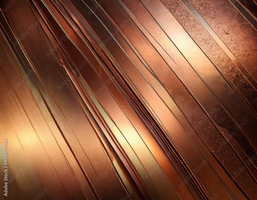 Poster a diagonal pattern of overlapping metallic strips in shades of brown and orange, creating a textured and reflective surface