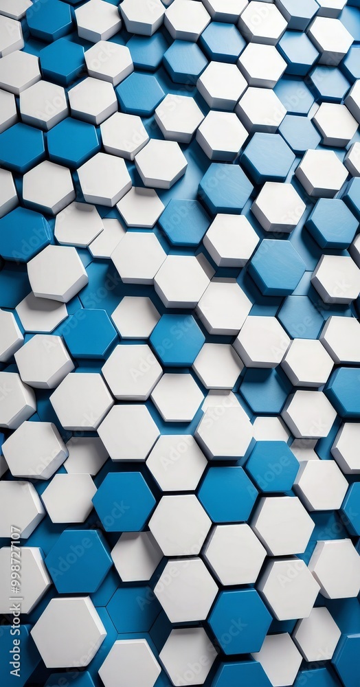 Poster a repeating pattern of white and blue hexagonal shapes, arranged in a grid-like fashion The white hexagons are positioned in the top left, top