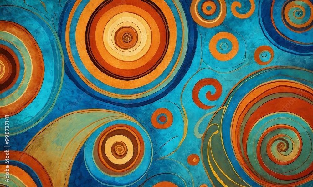 Aufkleber a vibrant abstract pattern composed of concentric circles in various shades of blue, orange, and yel