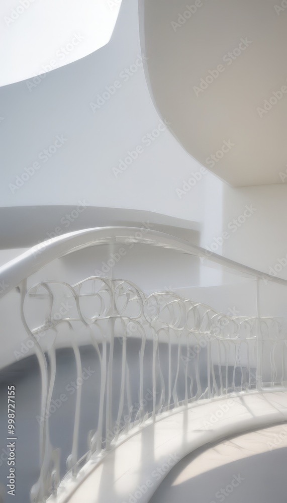 Poster a curved white railing with intricate designs, set against a white wall and a curved ceiling, creati