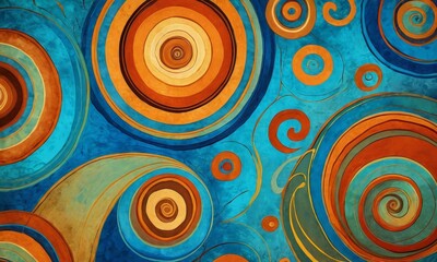 Fototapeta premium a vibrant abstract pattern composed of concentric circles in various shades of blue, orange, and yellow, creating a dynamic and visually striking composition