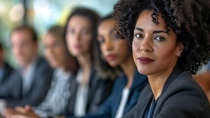 Fototapeta premium A focused group of professionals engaged in a meeting, highlighting a confident woman in the foreground with curly hair.