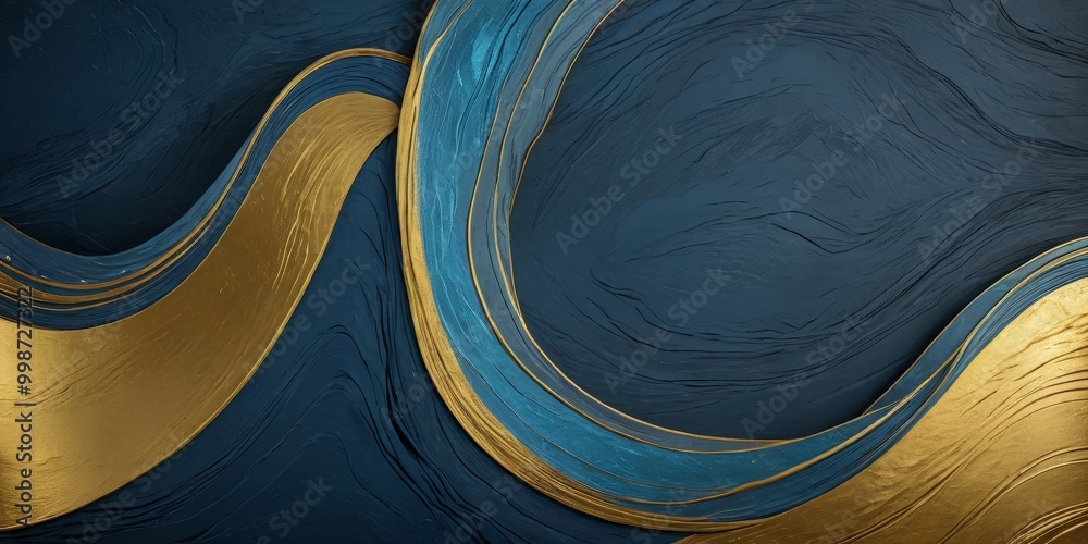 Poster a striking abstract composition of curved lines in blue and gold, creating a sense of movement and depth