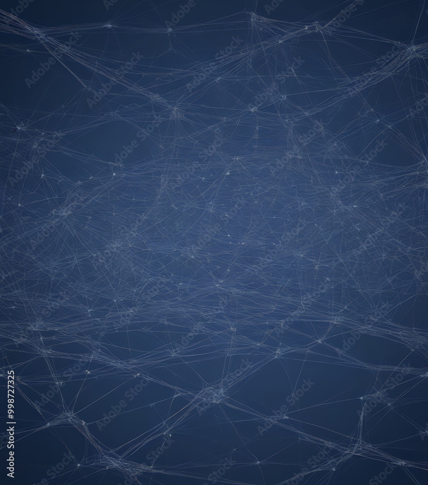 Poster a complex network of interconnected lines and points, resembling a spider web or a web of interconnected nodes, set against a dark blue background