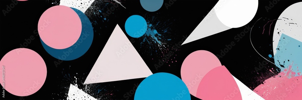 Poster a black background with various geometric shapes in pink, blue, and white, including circles, triang
