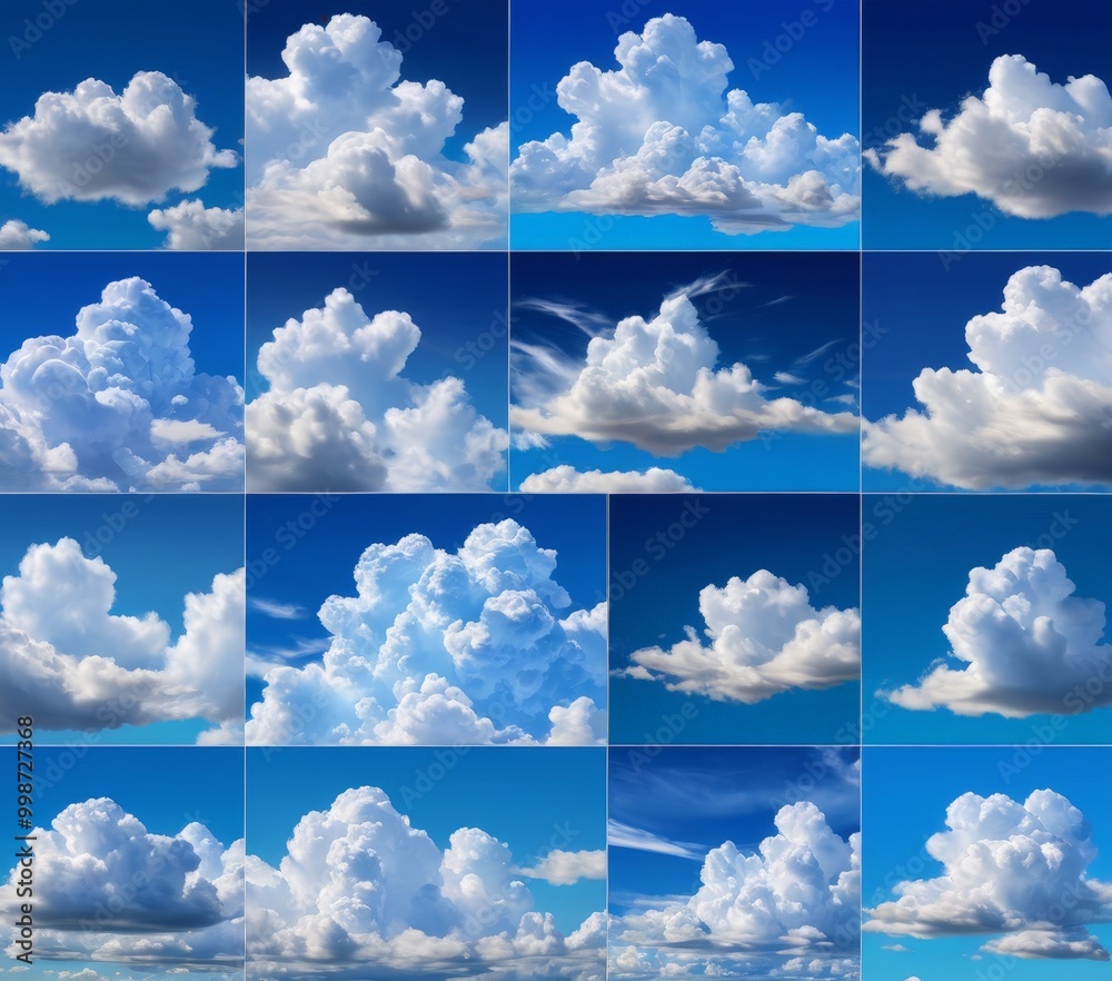 Aufkleber a collage of twelve different cloud formations against a blue sky, each with varying cloud shapes an