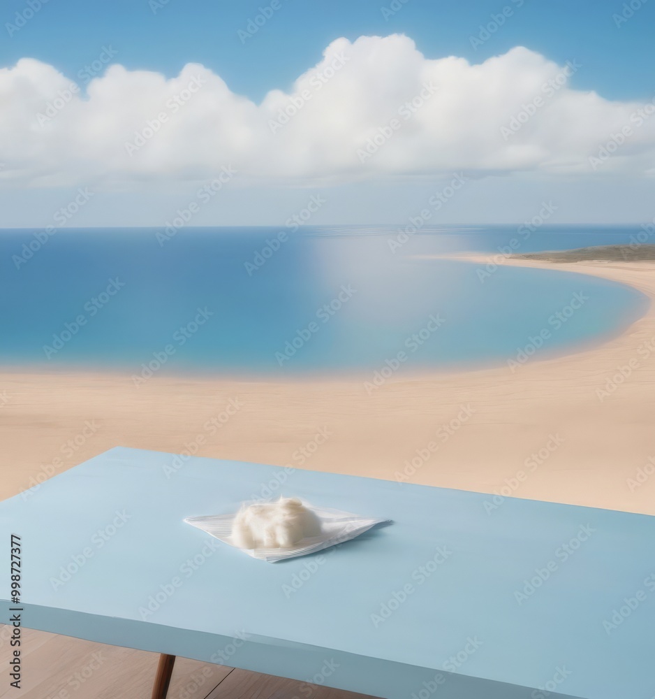 Poster a white object rests on a blue table, with a serene beach and ocean view in the background
