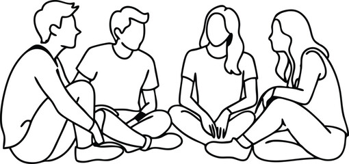 Friends rest and communicate, Group of young people sitting on ground together and talking continuous single line drawing 