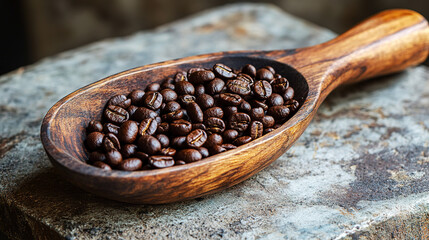 Obraz premium A rustic wooden scoop brimming with dark roasted coffee beans. Generative AI