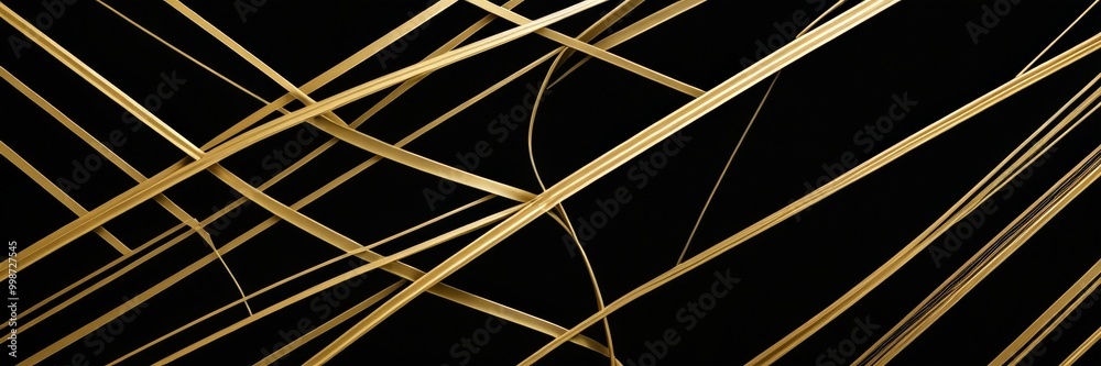 Poster a complex pattern of intersecting golden lines against a black background, creating a visually striking and abstract composition