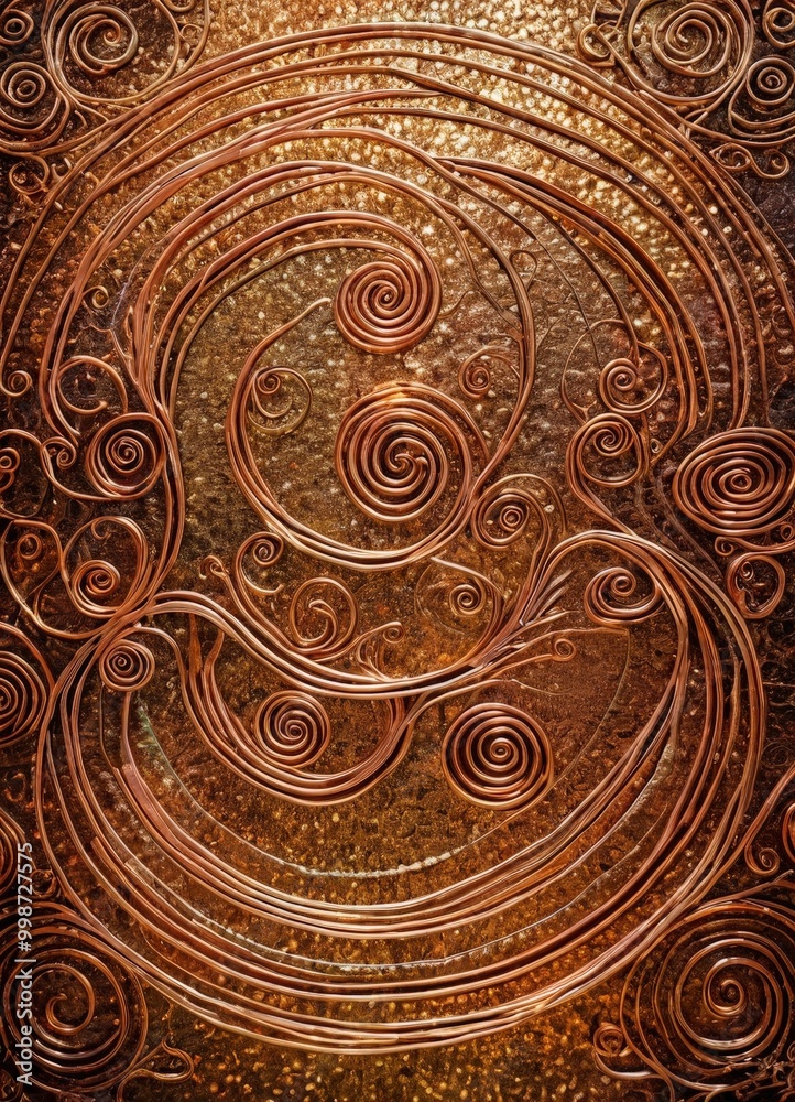 Poster a close-up view textured, metallic surface with a repeating pattern of spirals and curves, creating a sense of depth and complexity