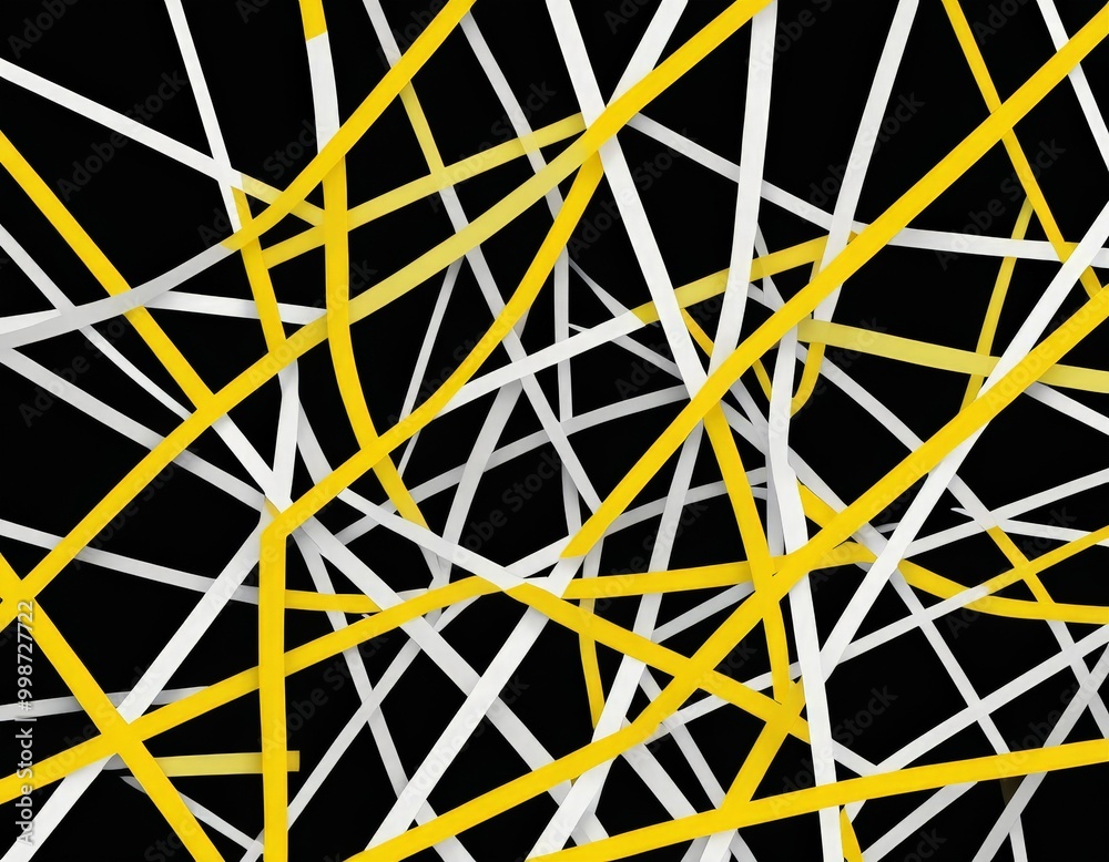 Poster a complex pattern of intersecting yellow and white lines against a black background, creating a visually striking and abstract design