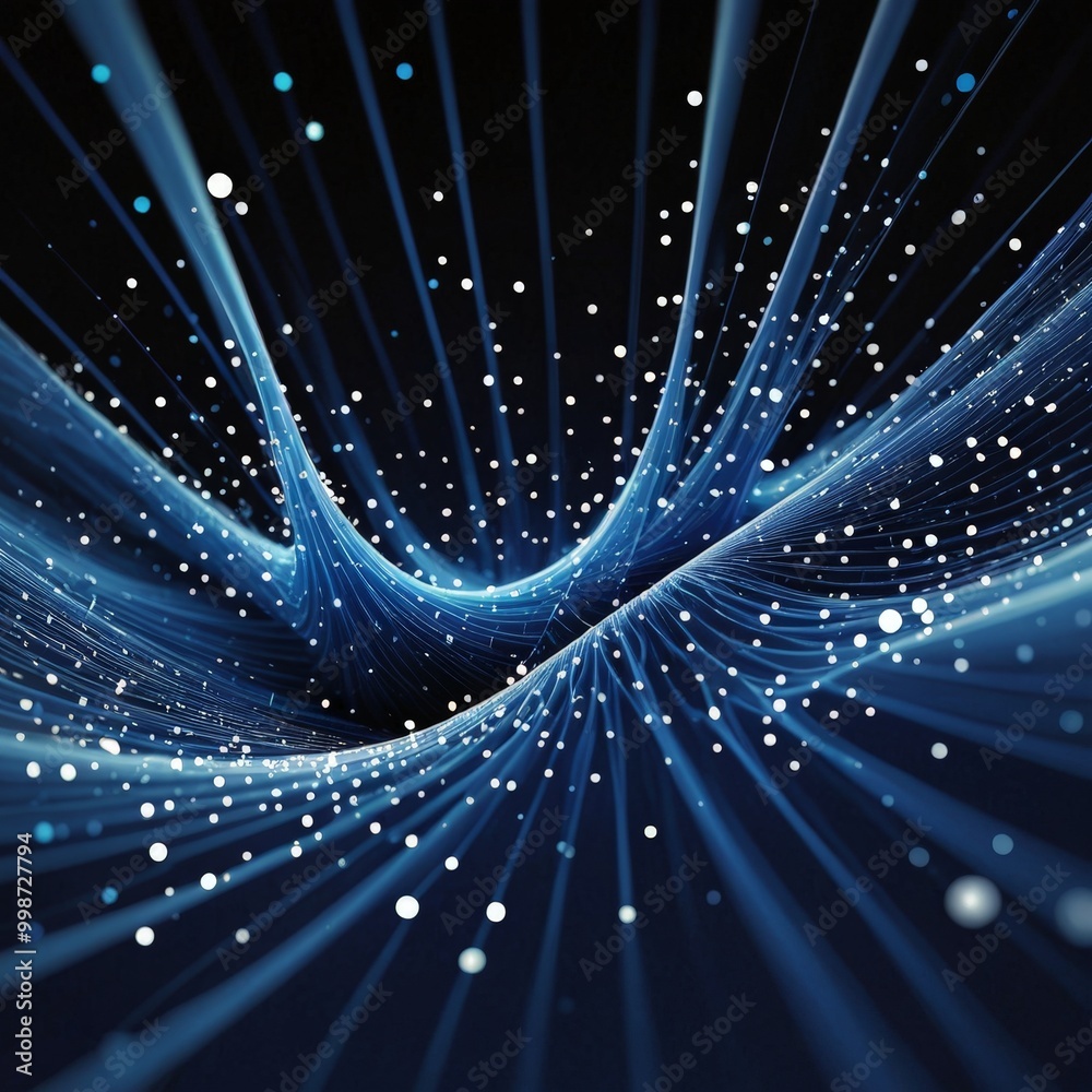 Poster a digital illustration swirling, abstract pattern of blue and white lines and dots, creating a sense of depth and movement