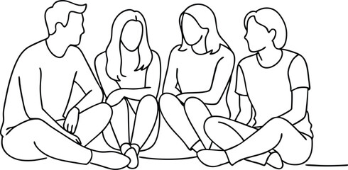 Friends rest and communicate, Group of young people sitting on ground together and talking continuous single line drawing 