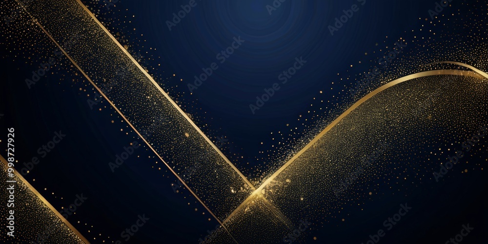 Poster a dark blue background with a diagonal line of gold glittering lines, creating a sense of movement and dynamism The glittering lines are scattered randomly across the