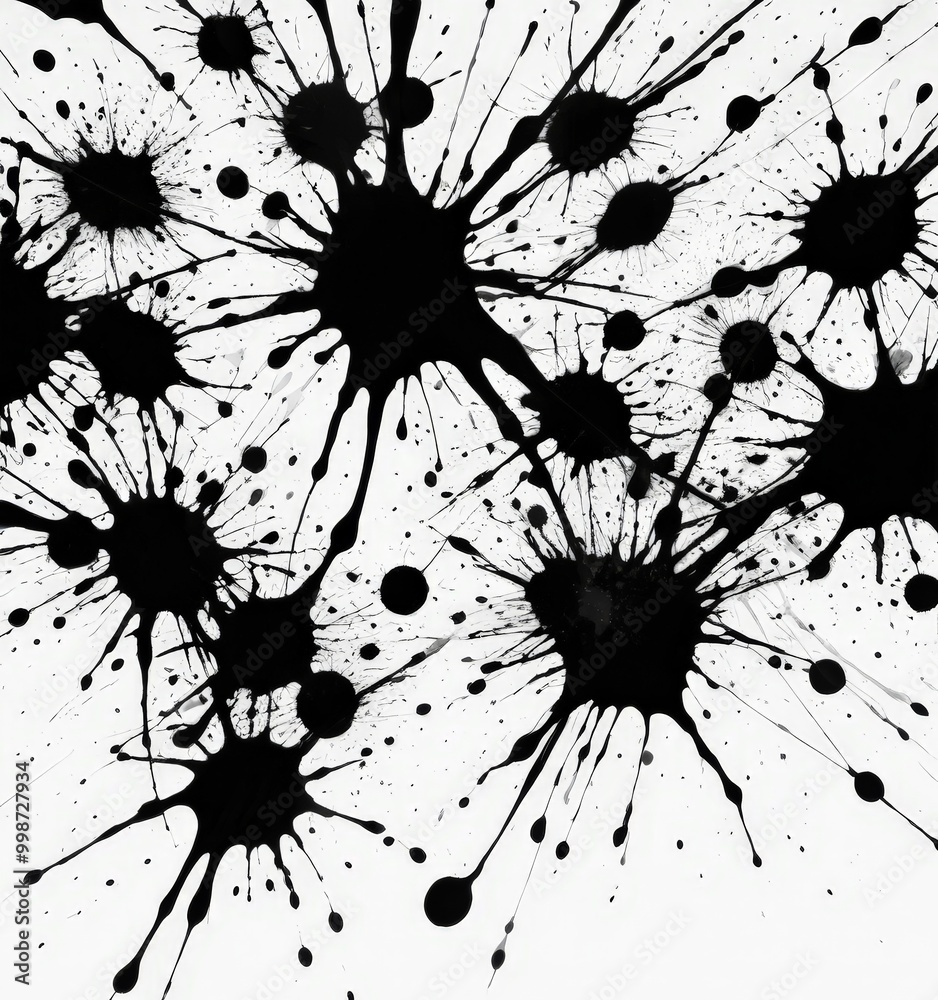 Fototapete a black and white abstract composition featuring a chaotic arrangement of splattered ink droplets, c