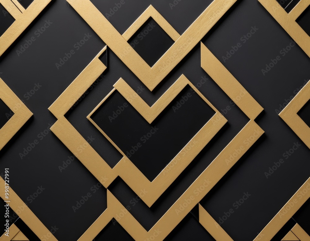 Poster a geometric pattern composed of intersecting diagonal lines and rectangles in varying shades of gold and black, creating a visually striking and abstract design