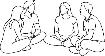 Friends rest and communicate, Group of young people sitting on ground together and talking continuous single line drawing 