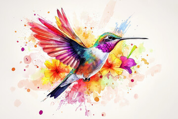 Obraz premium A vibrant hummingbird with detailed wings hovers amidst colorful floral accents, showcasing beautiful blend of colors and artistic expression. This stunning illustration captures essence of natures be