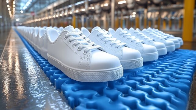 A row of pristine white sneakers on a production line, showcasing modern manufacturing and design in a factory setting.