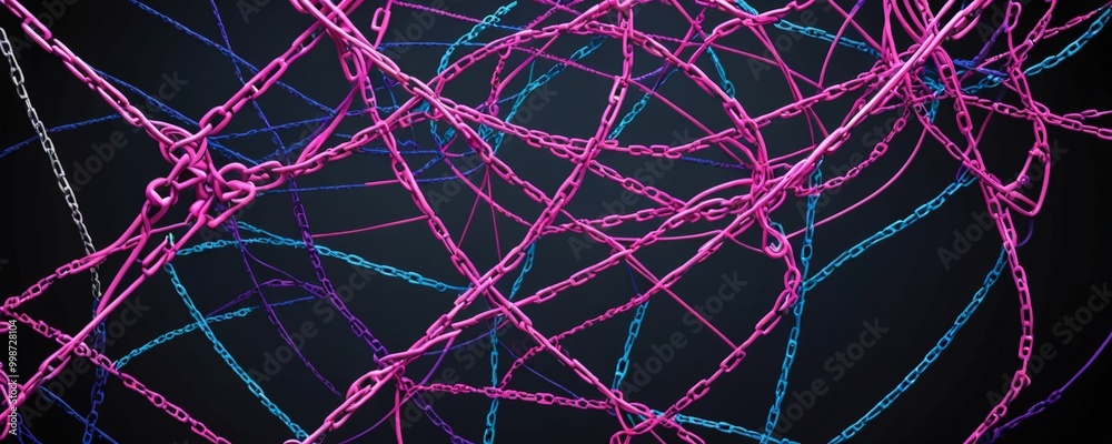 Aufkleber A complex web of interconnected pink and blue chains forms a chaotic pattern against a dark background.