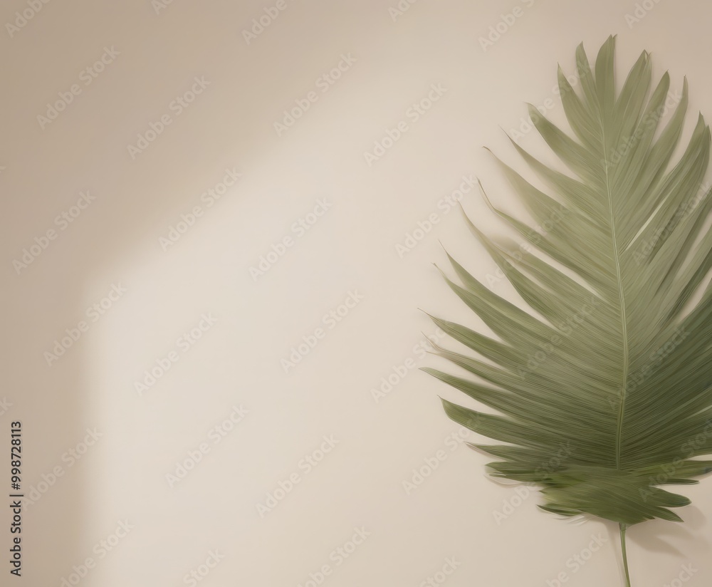 Poster A large green leaf with long, thin fronds is positioned on the right side of the , casting a shadow on the left side