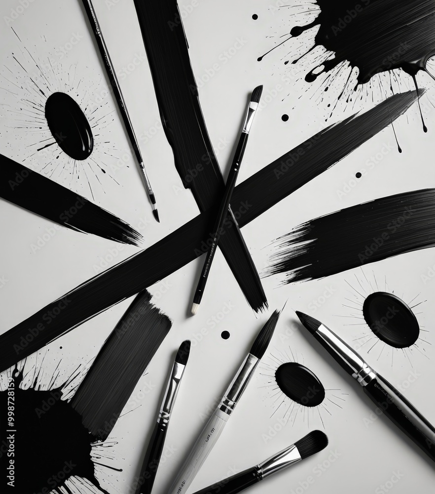 Fototapete a black and white featuring various paintbrushes and splatters of paint, creating an abstract and dy