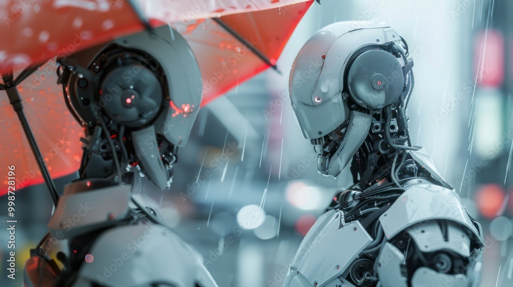Poster two robots are standing under an umbrella in the rain