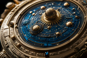 Fototapeta premium Close-up of a Gold and Blue Ornate Clock Face with Detailed Celestial Designs and a Central Sun
