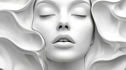 A serene and artistic close-up of a woman's face with flowing, abstract shapes, embodying beauty and tranquility.