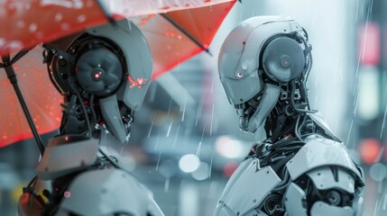 Fototapeta premium Two robots are standing under an umbrella in the rain