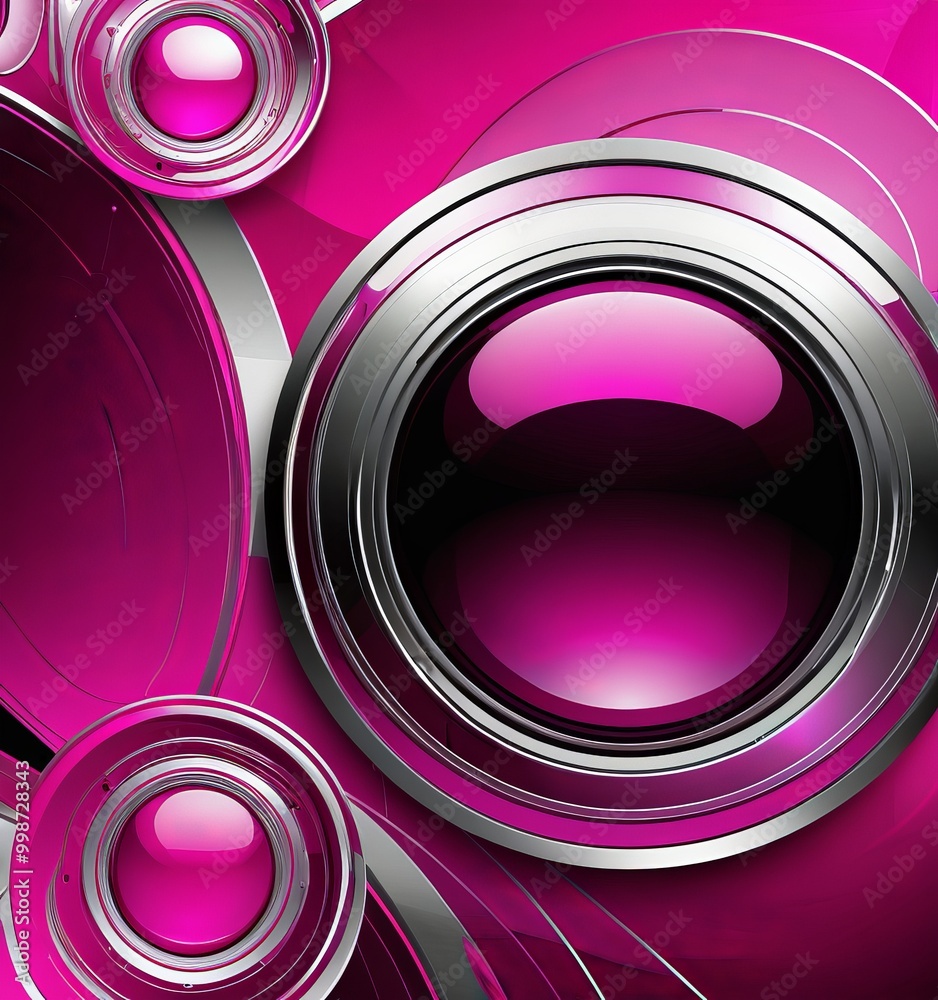 Poster a vibrant abstract composition of overlapping circles in shades of pink and silver, creating a dynamic and visually striking pattern