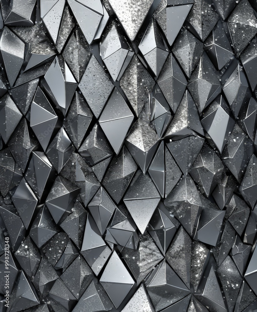 Poster a close-up view of a textured surface composed of numerous triangular shapes in varying shades of gray, creating a visually striking and abstract pattern.