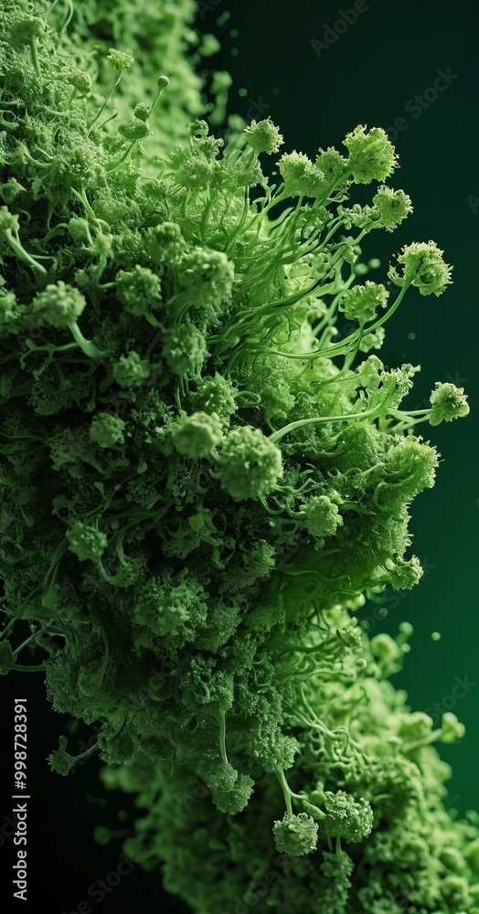 Poster a close-up view dense, green moss-like growth with small, spherical structures