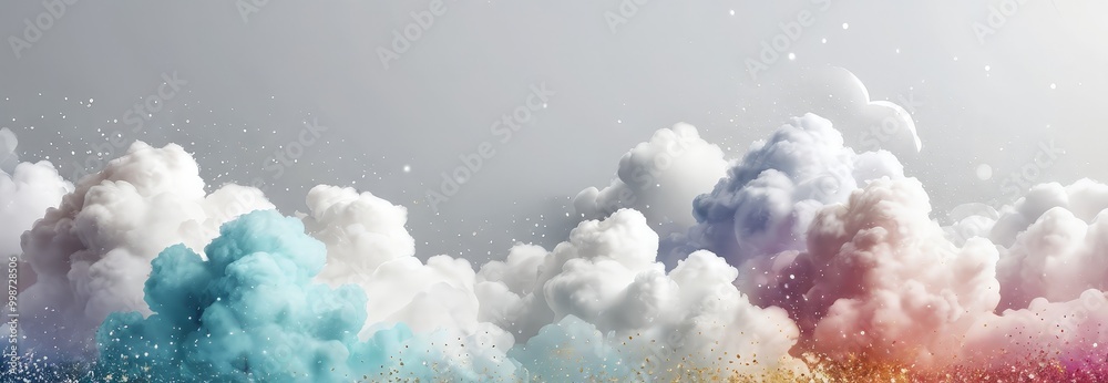 Poster a serene sky with fluffy white clouds and a crescent moon, set against a gradient background of blue