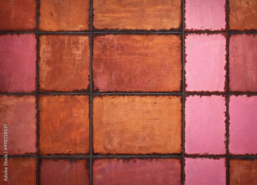 Aufkleber a close-up view textured surface composed of rectangular tiles in various shades of orange and pink, arranged in a grid-like pattern