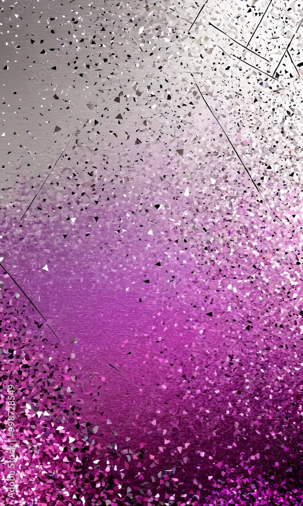 Poster a gradient of purple and pink hues, with a scattered pattern of small, irregularly shaped black and white lines and dots