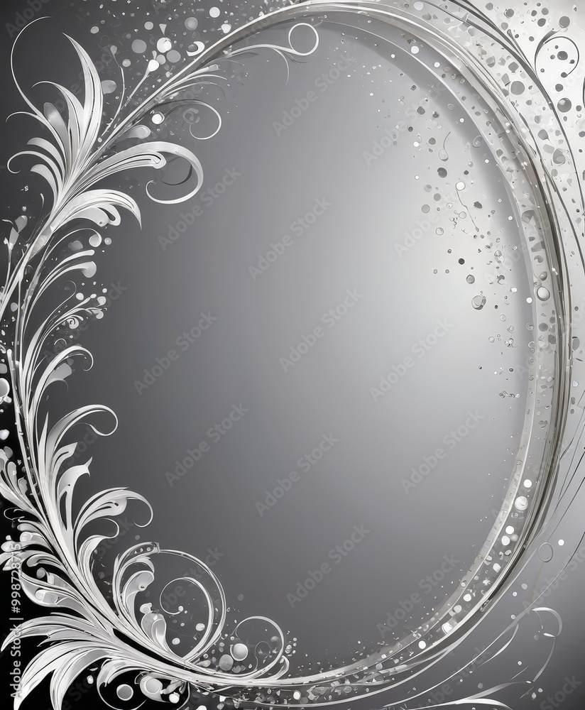 Poster a decorative gray background with a white floral pattern on the left side and a circular frame on the right side