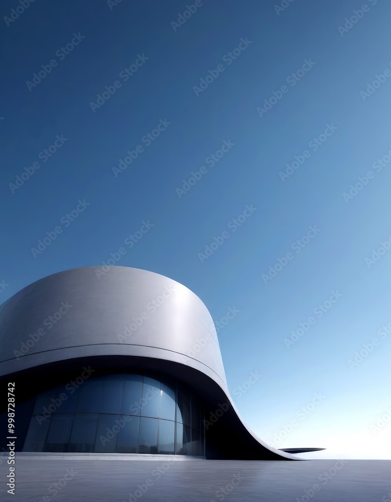 Poster the modern building with a curved facade and large glass windows stands against a clear blue sky, cr
