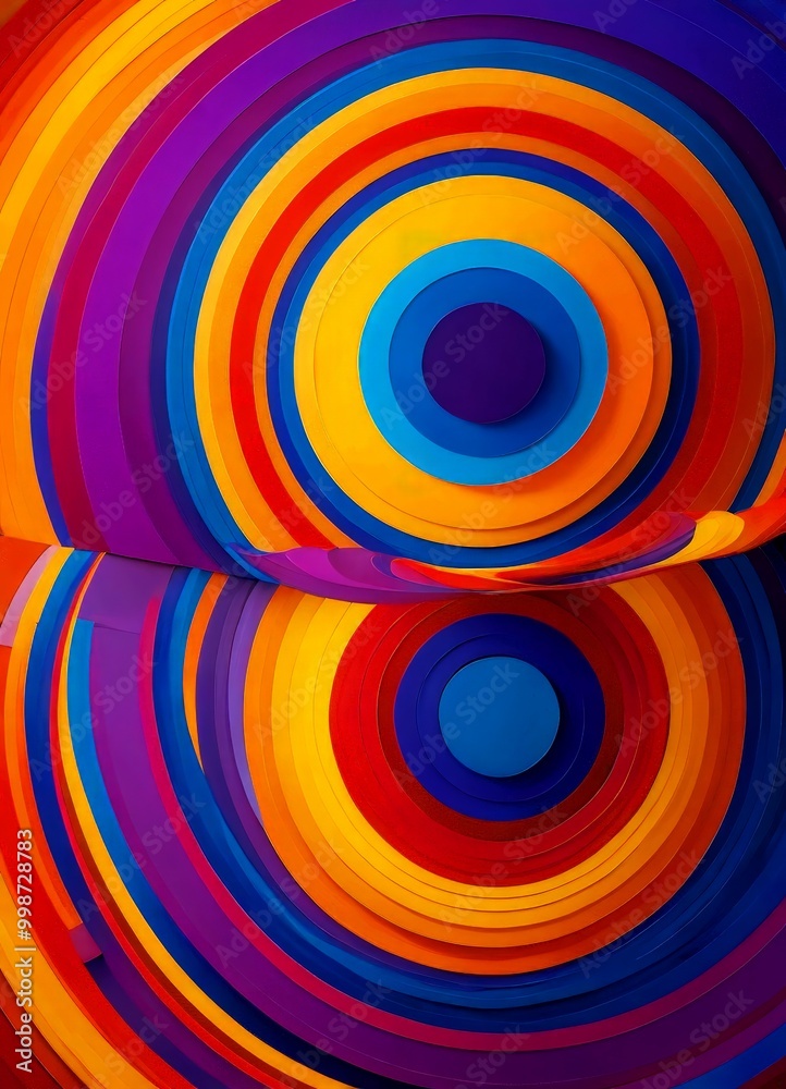 Poster a vibrant abstract composition of overlapping concentric circles in various shades of orange, blue, purple, and yellow, creating a dynamic and visually striking pattern