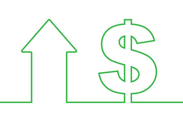 Minimalist vector art for increasing concept. A rising arrow paired with the dollar symbol on a white backdrop. For increasing dollar value concepts.